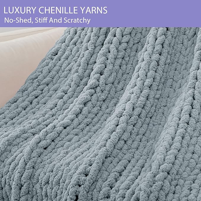 Bigacogo Chunky Knit Throw Blanket for Couch, 40x40 inches, 100% Hand Knitted with Thick Jumbo Chenille Yarn, Cozy Soft Large Rope Knot Cable Crochet Blankets for Sofa Bed Living Room, Dusty Blue