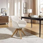 Art Leon Swivel Accent Chair - Mid Century Modern Desk Chair No Wheels, Boucle Fabric Upholstered Armchair with Natural Oak Wood Lges, White