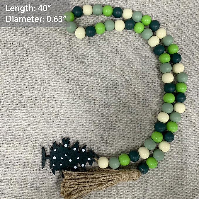 40" Handmade Farmhouse Bead Garland Wood with Tassel, Boho Chic Decorative String Beads Home Decor, Table Tiered Tray Country Wooden Accents (Christmas Evergreen Cheer, 0.63" Diameter)