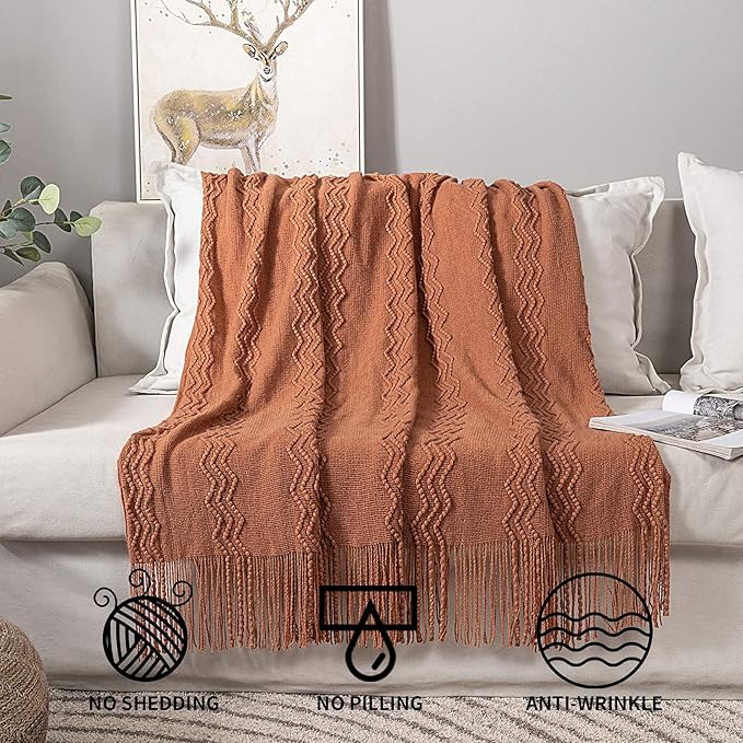 MIULEE Knitted Boho Throw Blanket for Couch Textured Knit Terracotta Rust Blanket with Tassels Cozy Woven Farmhouse Blanket for Sofa Bed Chair Wave Pattern Fall Decor 50"x60", Orange