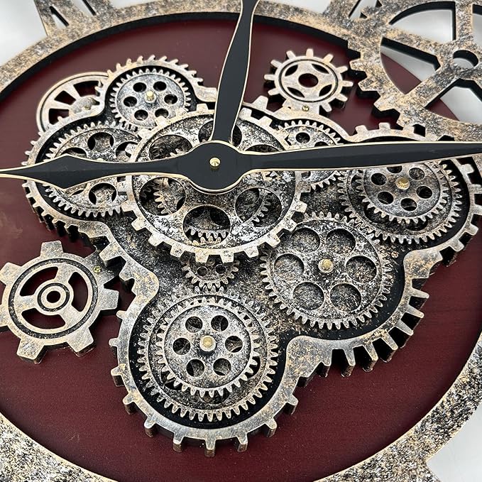 The B-Style Large Real Moving Gears Wall Clock 30 inch Rustic Retro Industrial Farmhouse Wood Clock Oversized Decorative Vintage Wall Clocks for Living Room (Black walunt Wood and Bronze)