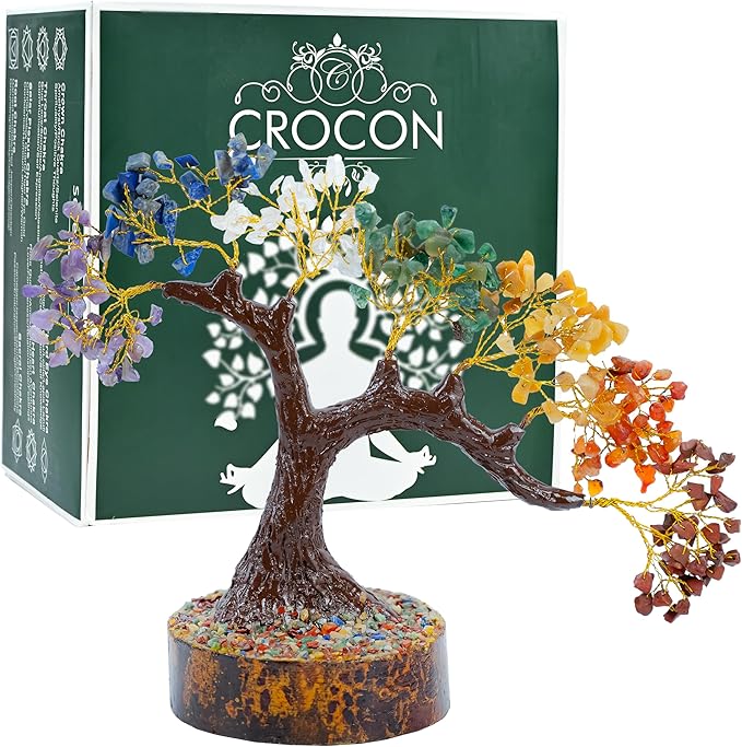 Crocon Crystal Tree of Life 7 Chakra Healing Crystal Bonsai Tree for Home Decor Gift Good Luck Birthday Gifts for Women & Mom, Office Desk Decor Living Room Decor Handmade Trees for Positive Energy