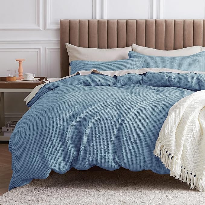 Bedsure Cotton Duvet Cover Queen - 100% Cotton Waffle Weave Grey Blue Duvet Cover Queen Size, GentleSoft™ and Breathable Bedding Set for All Season, 3 Pieces, 90"x90"