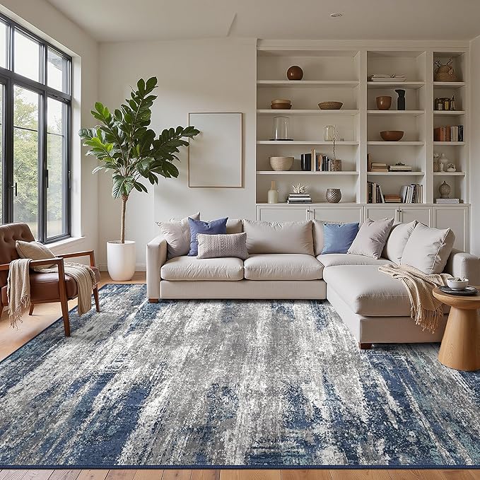 GENIMO Area Rugs 9x12 Living Room, Large Machine Washable Rug Non-Slip, Modern Soft Low Pile Rugs for Bedroom, Playroom, Dining Room, Blue Ivory