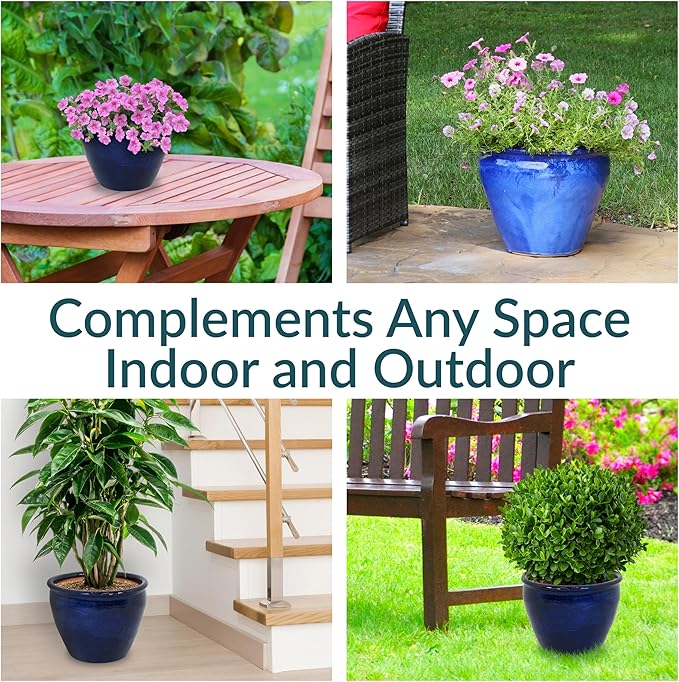 Sunnydaze Chalet Large Ceramic Plant Pot - Round Outdoor Glazed Ceramic Planter Pot with Drainage - Imperial Blue - 14.5"