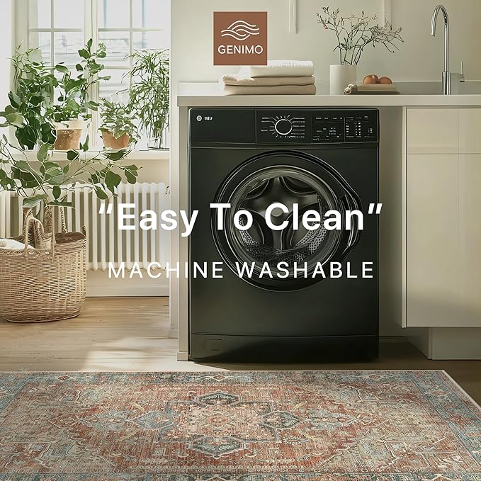 GENIMO Machine Washable 9x12 Area Rugs for Living Room, Non Slip Vintage Rugs, Low Pile Lightweight Chenille Print Rug for Bedroom, Dining Room, Home Office, Red Multi