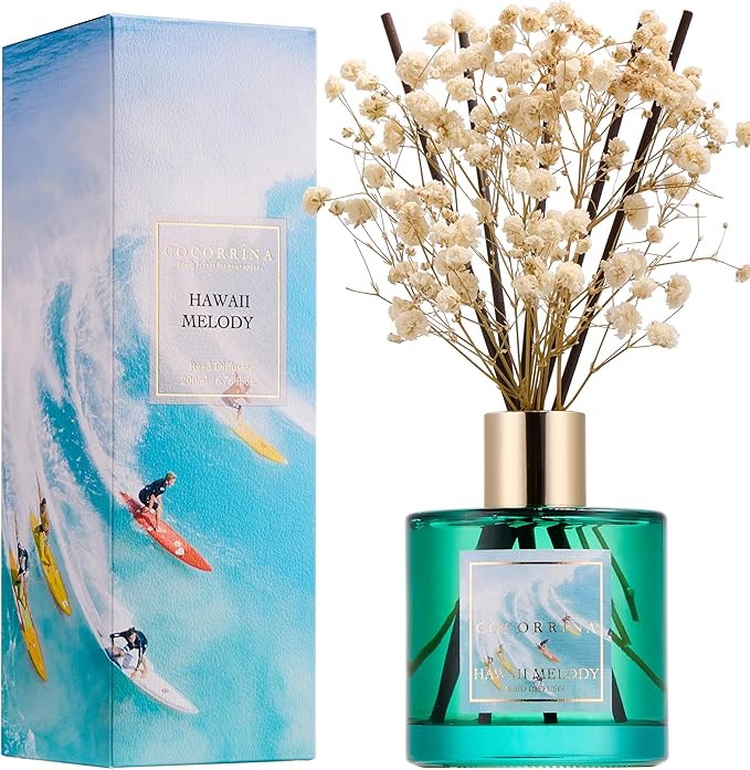 COCORRÍNA Reed Diffuser - Hawaii Melody 6.7 Fl.oz Reed Diffuser Set with 8 Sticks & Preserved Baby's Breath, Reed Diffuser for Home Bathroom Shelf Decor