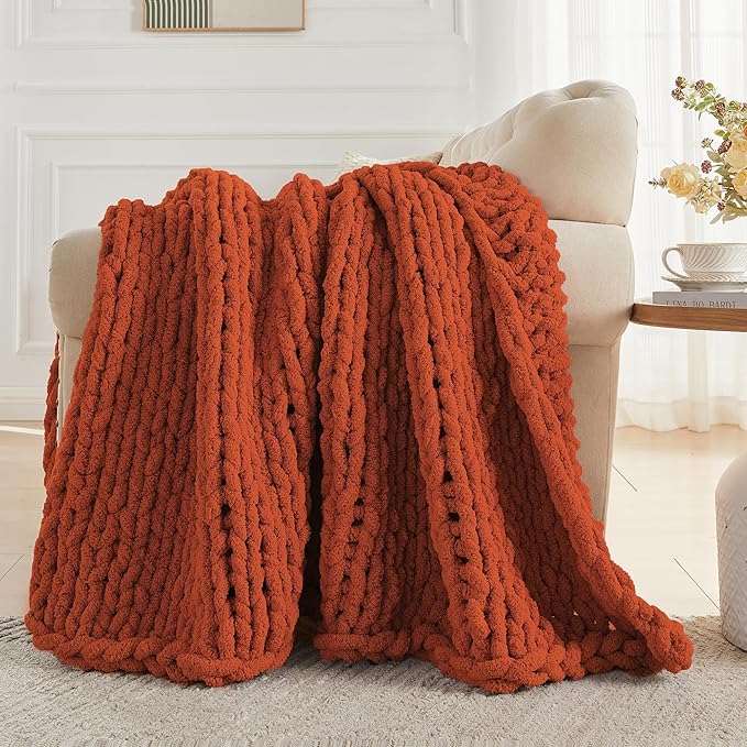 Carriediosa Chunky Knit Throw Blanket 50" X 60", 100% Hand Made Large Chenille Loop Yarn Soft Fluffy Throws for Couch Sofa Bed, Big Crochet Cozy Heavy Thick Cable Woven Blankets, Rust