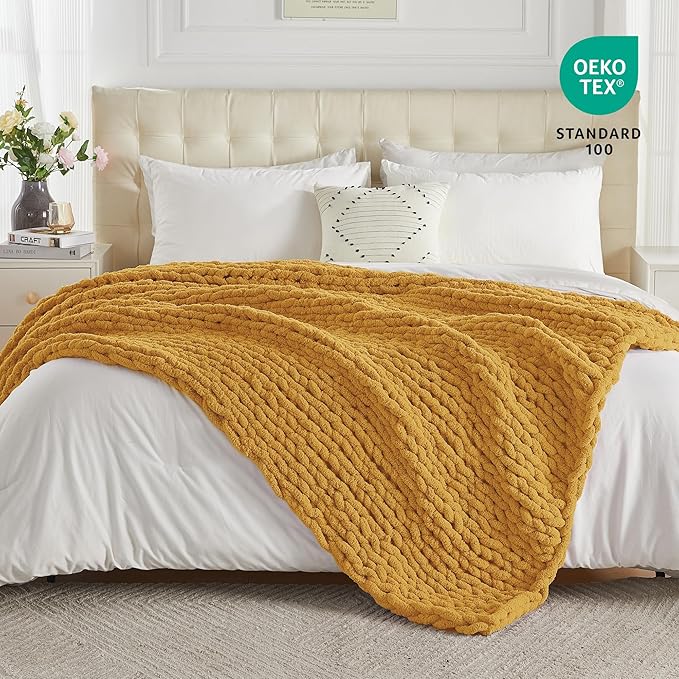 Carriediosa Chunky Knit Throw Blanket 50" X 60", 100% Hand Made Large Chenille Loop Yarn Soft Fluffy Throws for Couch Sofa Bed, Big Crochet Cozy Heavy Thick Cable Woven Blanket, Yellow