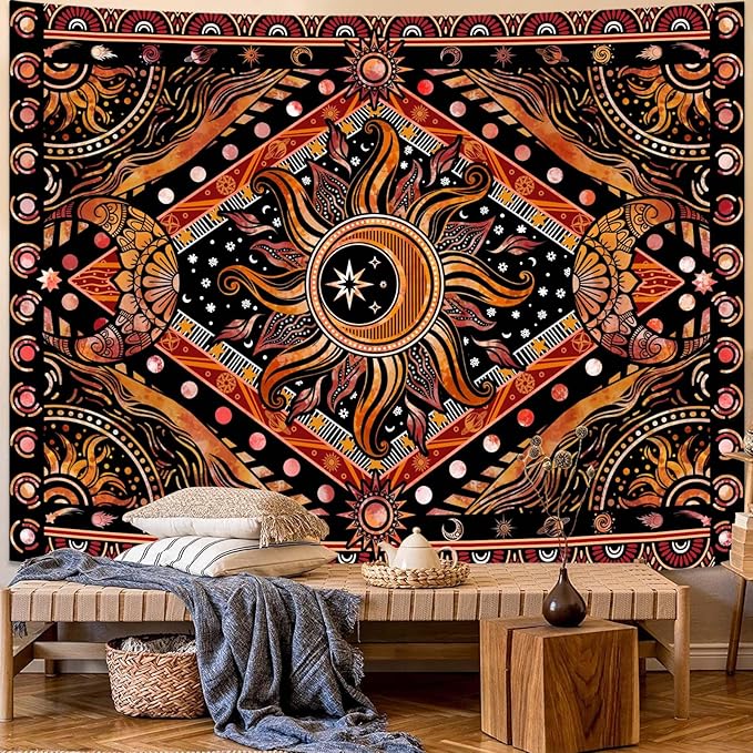 Lunerfex Hippie Sun and Moon Tapestry Bohemian Celestial Tapestries Aesthetic Tapestry for Bedroom and Living Room Decor Sun and Moon 36×48 Inches