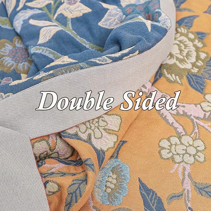 Snycler Boho Throw Blanket for Bed - 100% Cotton Ultra Soft Rustic Quilt Blanket Orange Bird Floral Printed Farmhouse Decor Bed Blankets, 80"×90" All Season Rustic Throw for Sofa Couch Chair