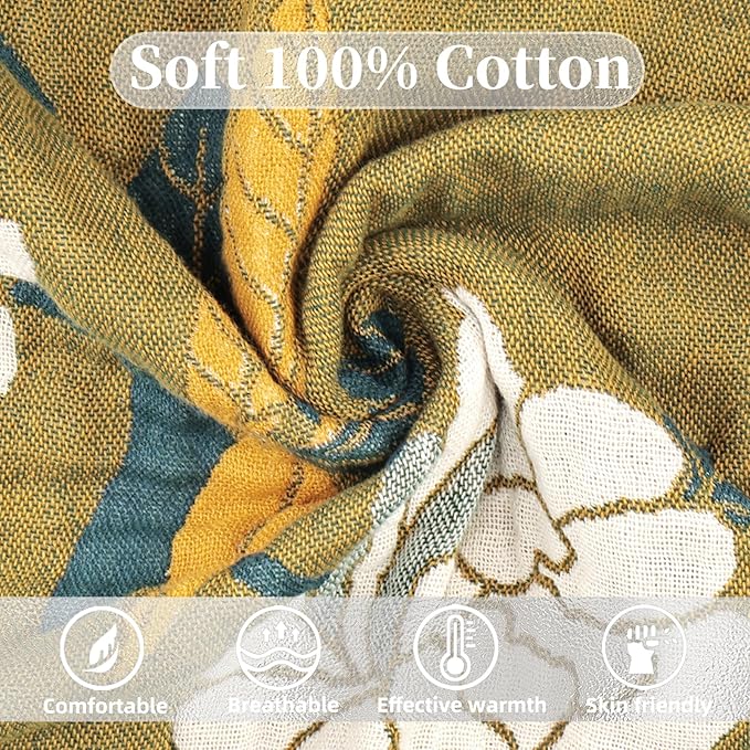 Boho Throw Blanket for Bed - 100% Pure Cotton Ultra Soft Rustic Quilt - Farmhouse Decor Bed Blankets, All Season Rustic Throw for Sofa Couch Chair(91''x 98'', Flower Branch)
