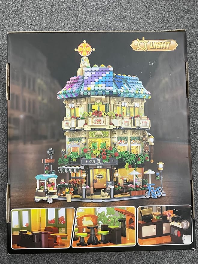 Flower Cafe House Building Set with Lights, 1876 PCS City Street Corner Shop Construction Model, Art Architecture Modular Building Block Kit Home Decor, Gift for Adults Teens Boys Girls 12+