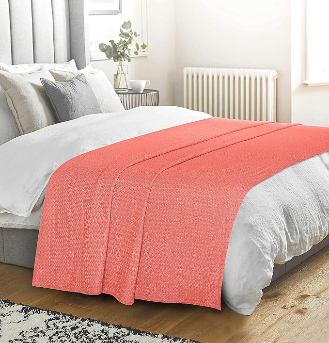 BELIZZI HOME 100% Cotton Bed Blanket, Breathable Bed Blanket Twin Size, Cotton Thermal Blankets Twin, Perfect for Layering Any Bed for All Season, Coral