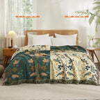 Boho Throw Blanket for Bed 90”x98”, 100% Cotton Woven Blanket for Couch Sofa, Ultra Soft 4-Layer Muslin Quilt with Bird Floral Printed, Farmhouse Bed Blanket/Cover for Living Room Decor