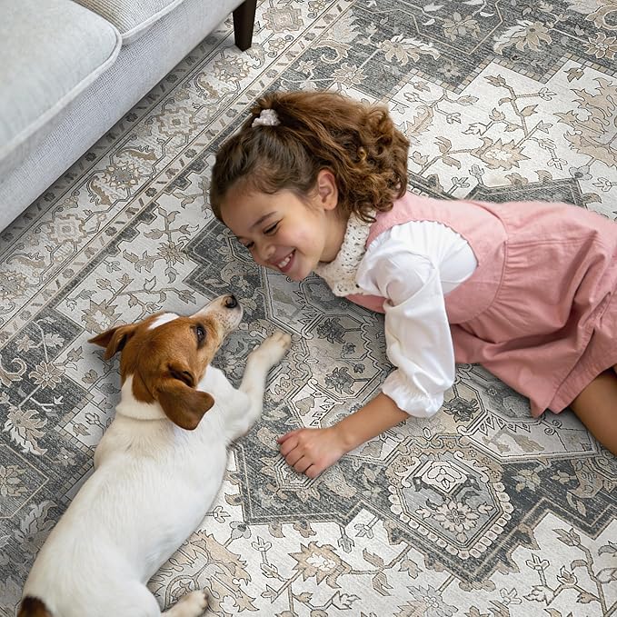 GENIMO 2x10 Runner Rugs for Hallway, Machine Washable Non Slip Vintage Rugs, Low Pile Lightweight Soft Print Rug for enrtyway, Corridor, Home Office, Kitchen, Heathered Grey