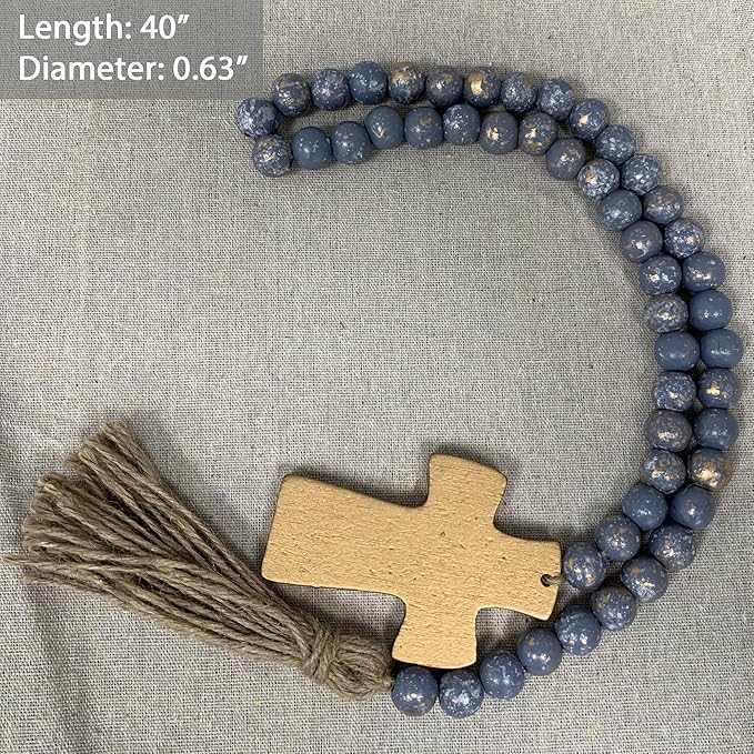 Fenisam 40" Handmade Farmhouse Bead Garland Wood with Tassel, Boho Chic Decorative String Beads Home Décor, Table Tiered Tray Country Wooden Accents (Ocean Mist Gold, Small)