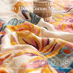 Boho Throw Blanket Throw Size, Soft Cozy Cotton Muslin Quilt Blanket for Bed Decor, Floral Patterned Couch Sofa Chair Cover, Vintage Farmhouse Cottage Tapestry Woven Blanket, Yellow&Blue