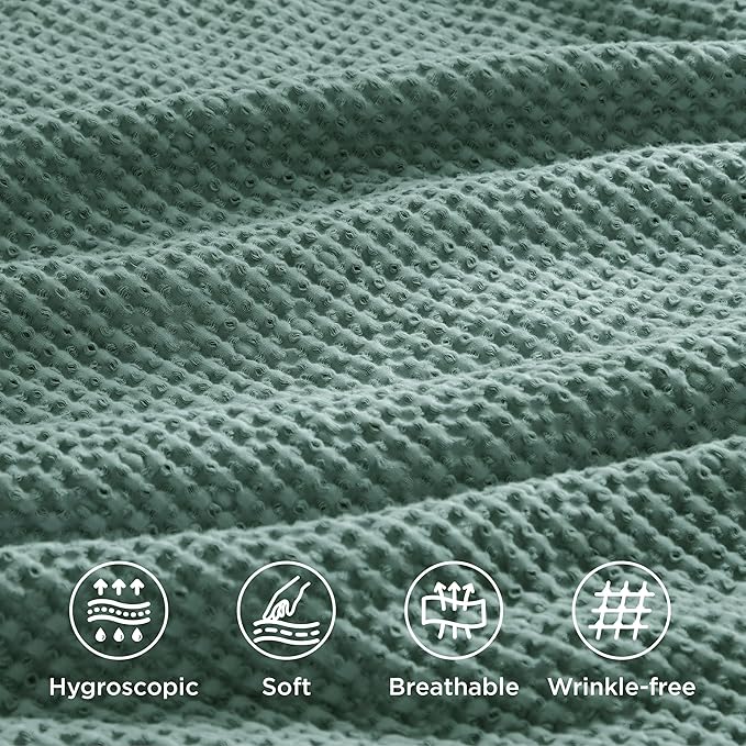 Bedsure Cotton Duvet Cover Queen - 100% Cotton Waffle Weave Green Duvet Cover Queen Size, GentleSoft™ and Breathable Bedding Set for All Season, 3 Pieces, 90"x90"