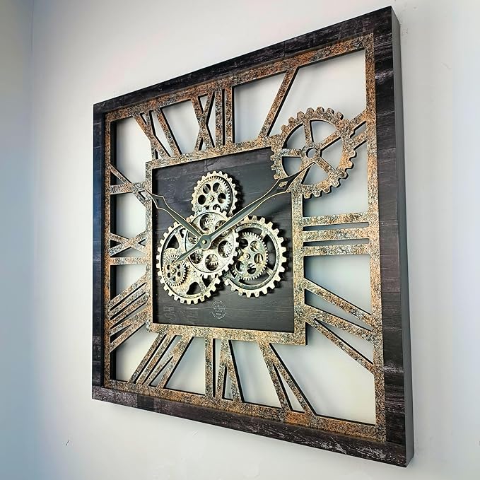 The Gears Clock 24'' Inch Square Real Moving Gear Wall Clock Vintage Industrial Oversized Rustic Farmhouse (Vintage Black)
