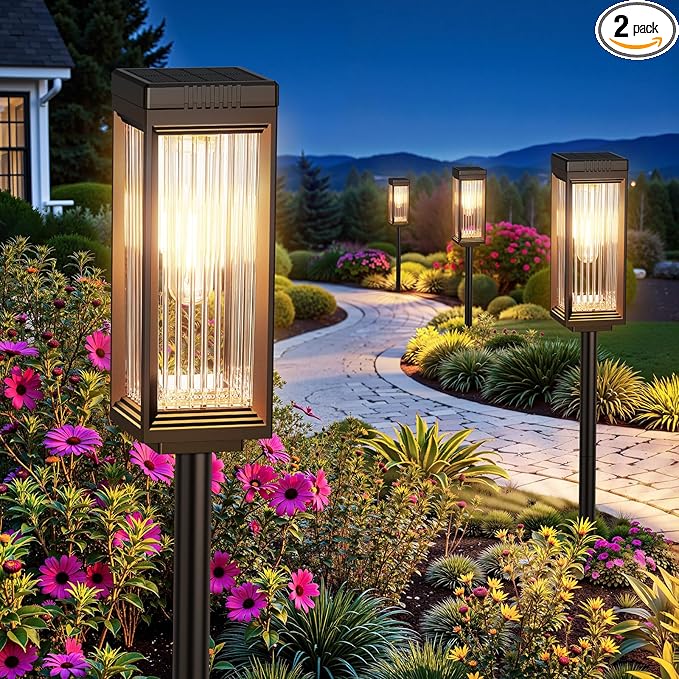 Solar Pathway Lights Outdoor, 2 Pack Upgraded Solar Lights Outdoor Waterproof, Bright Up to 15 Hrs Auto On/Off Garden Light for Yard Patio Lawn Path Walkway Driveway Outside Decor