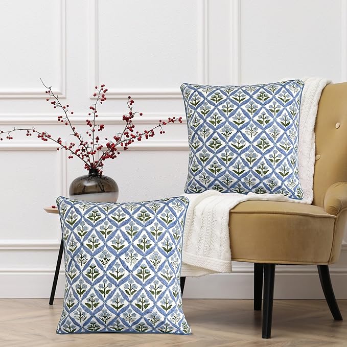 Ridhi Light Steel Blue Block Print Cotton Throw Pillow Covers for Decorative Couch Pillows for Living Room, Chic Boho Cute Outdoor Valentine Pillows Covers Gifts 16x16 Inches