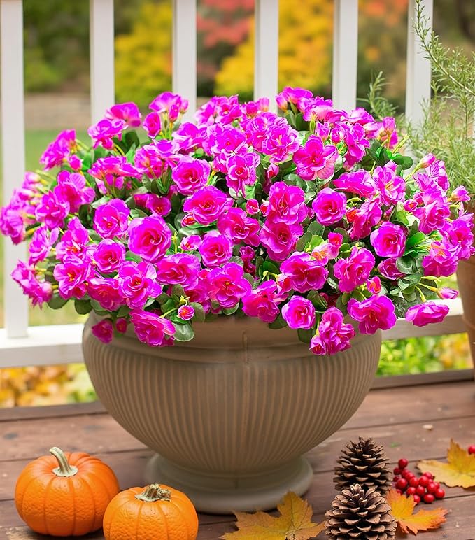 Ivydale Artificial Faux Outdoor Flowers Plants for Outside Fall Decoration, Fake Silk Fuchsia Camellia UV Resistant Realistic for Planter Porch Patio Balcony Garden Home, 3 Large Bundles