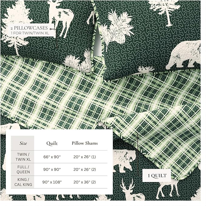 Lodge Bedspread Twin/Twin XL Size Quilt with 1 Sham. Cabin 2- Piece Reversible All Season Quilt Set. Rustic Quilt Coverlet Bed Set. Rio Ridge Collection (Forest Green)