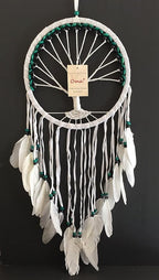 OMA Dream Catcher, Tree of Life Design with Feathers and Beads, White Suede Authentic Traditional Dream Catcher Boho Home Decor Bedroom Decoration Gift - Large Size - 36" Long x 11" Diameter (Green)
