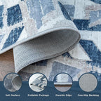 Modern Abstract Blue 5X7 Area Rug for Living Room Bedroom Washable, with Non-Slip Rubber Backing Print Faux Wool Thin, Throw Large Carpet for Kids Playroom Dining Room Pet & Child Friendly