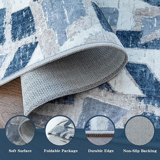 Modern Abstract Blue 6X9 Area Rug for Living Room Bedroom Washable, with Non-Slip Rubber Backing Print Faux Wool Thin, Throw Large Carpet for Kids Playroom Dining Room Pet & Child Friendly