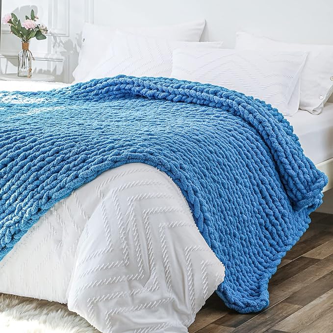 Bigacogo Chunky Knit Throw Blanket for Couch, 40x80 inches, 100% Hand Knitted with Thick Jumbo Chenille Yarn, Cozy Soft Large Rope Knot Cable Crochet Blankets for Sofa Bed Living Room, Bright Blue