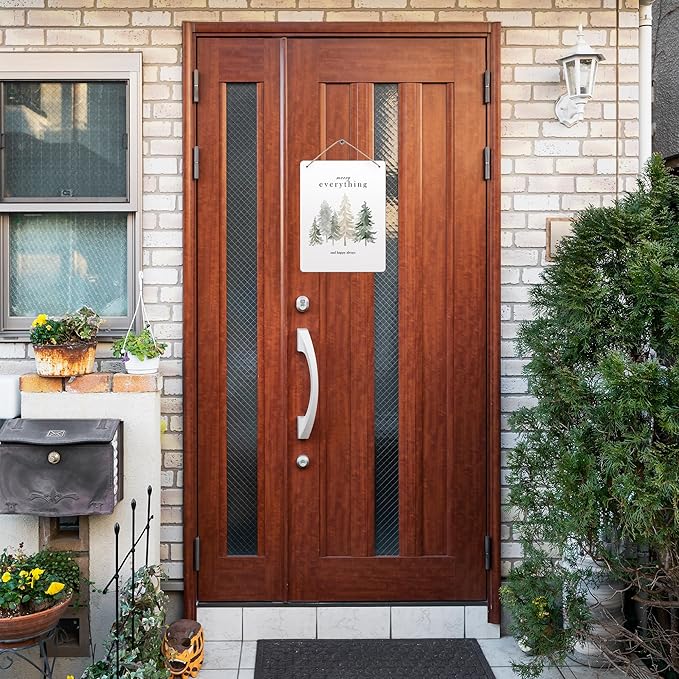 Pine Tree Winter Hanging Wooden Signs 10x8, Welcome Winter Signs, Winter Tree Wall Decor, Merry Everything and Happy Always Winter Home Room Office Hanging Wall Decor