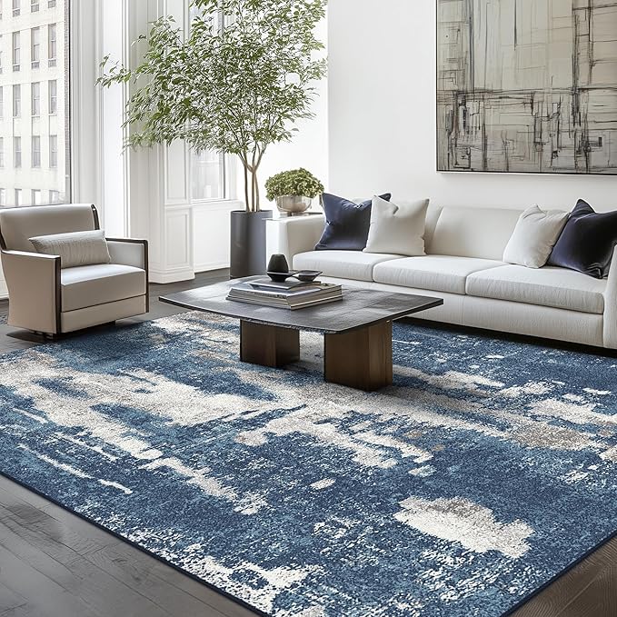 Area Rugs 8x10 for Living Room Bedroom Machine Washable Modern Abstract Soft Large Blue Rugs with Non Slip Backing, Floor Carpet for Dining Room