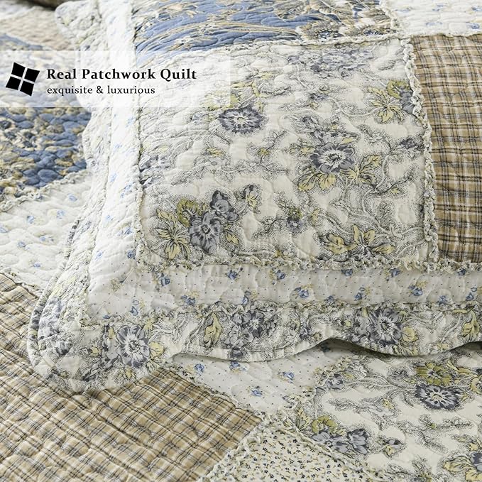 Yvooxny Quilt Set King Size Reversible Country Farmhouse Floral Real Patchwork Quilted Bedspread 3-Piece Quilt Set with Pillowcases with Ruffles for All Seasons, 96 x 108 Inches