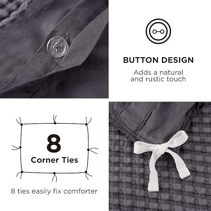 Bedsure Cooling Waffle Duvet Cover Queen - Cotton Blend Rayon Derived from Bamboo Duvet Cover Set for Hot Sleepers, Breathable Bedding Set with a Vintage Charm, 3 Pieces (Charcoal, Queen, 90"x90")