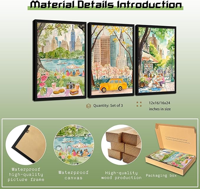 MUWAK Framed New York City Canvas Wall Art Set of 3 – Colorful NYC Skyline Central Park Yellow Taxi Posters, Modern Urban Landscape Wall Decor for Living Room Bedroom Office – 16x24in