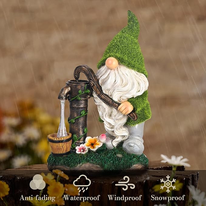 TERESA'S COLLECTIONS Resin Garden Gnomes Decor with Solar Lights, Fathers Gifts, Green Outdoor Decorations for Porch Patio, Gifts for Dad and Mom，Outdoor Garden Decor Ornaments for Outside, 10"