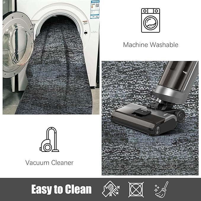 RUGSURE Washable Area Rug - 1/6 Thick - Stain & Water Resistant Non-Slip - Resistant Rug for Living Room, Bedroom, Nursery, Pet & Child Friendly, Vintage Charm Area Rugs (Darkgrey+Bule, 9' x 12')