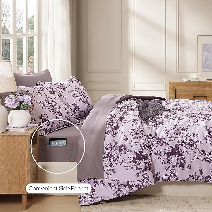 King Comforter Set -7 PiecesDeep Purple Floral Comforter Set for All Seasons, Bed in a Bag King with Botanical Flowers Comforter, Sheets, Pillowcases & Shams