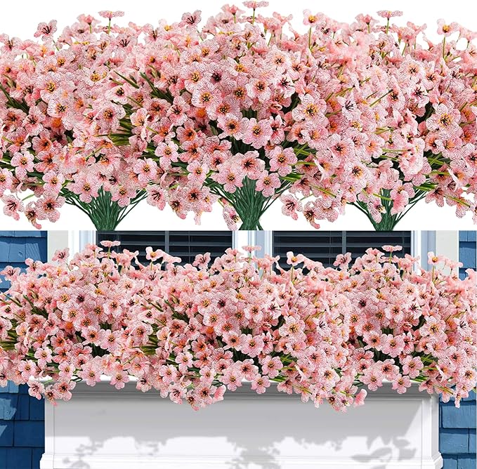Uieke 72 Bundles Artificial Flowers for Outdoors UV Resistant Fake Silk Flowers No Fade Greenery Shrubs Plants for Outside Planter Home Garden Porch Window Box Spring Summer Décor (Pink)
