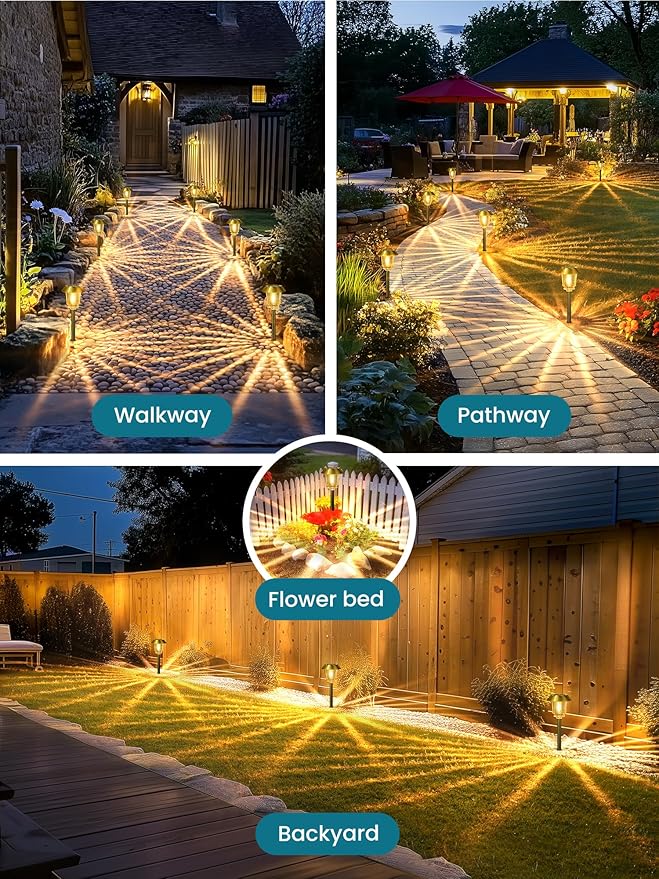 Solar Lights Outdoor Waterproof,6 Pack Gold Solar Pathway Lights with 10-40 LM Dimmable Glass and Metal, Solar Powered Garden Fall Decor for Yard,Patio,Pathway,Driveway(Warm White)