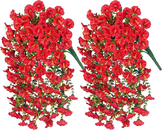 Artificial Faux Hanging Flowers Plants for Outdoor Decor,2 PCS Fake Silk Morning Glory with Eucalyptus Greenery UV Resistant Realistic Vines for Wall Home Porch Patio Balcony Yard Indoor Decor, Red