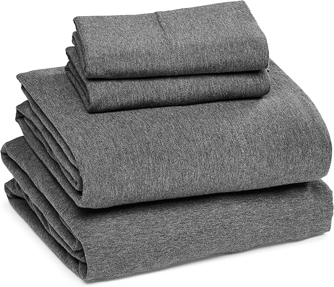 Amazon Basics 4 Piece Bed Sheets Set, 100% Cotton Jersey, Includes Super Soft, Flat and Fitted Sheets, Pillowcase, King, Dark Gray, Solid