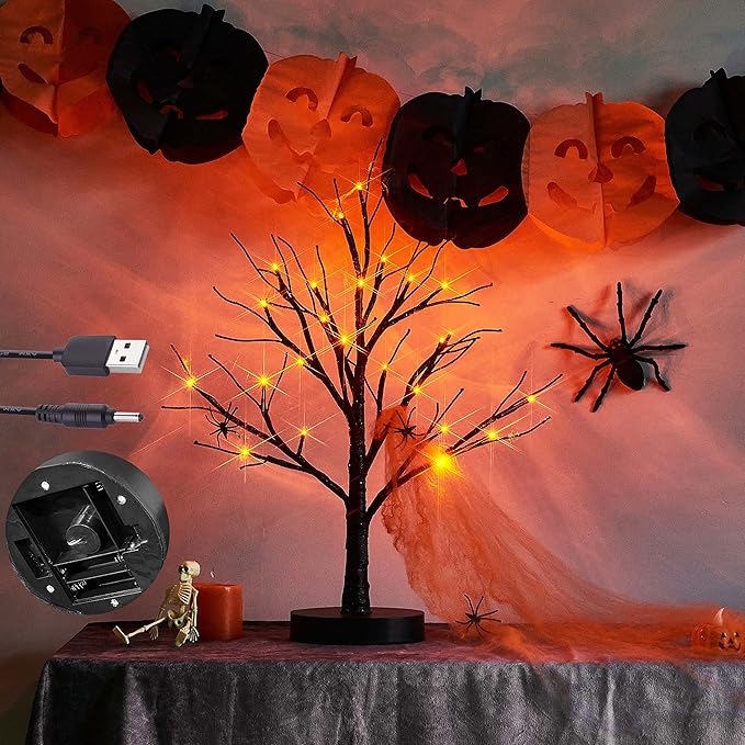 LITBLOOM Lighted Spooky Halloween Tree with Timer Battery Operated or USB Plug in, Pre-lit Black Glittered Tabletop Tree with Orange Lights 24L 18IN for Halloween Home Party Decoration Indoor