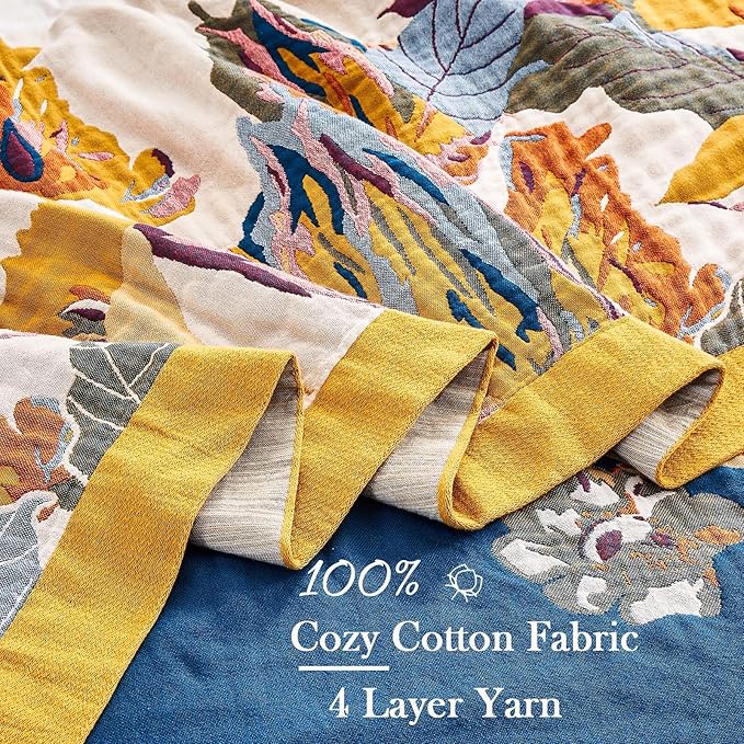 Boho Throw Blanket, 100% Cotton Ultra Soft Luxury Throw Rustic Quilt, 90"x98" Floral Bird Butterfly Farmhouse Decor Bed Blankets, All Season Rustic Reversible Bohemian Throw for Bed - Yellow