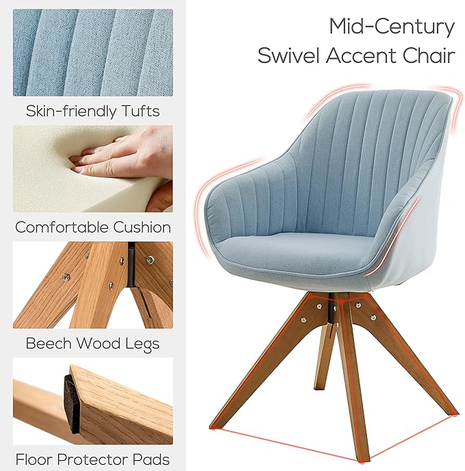 Art Leon Mid Century Modern Desk Chair No Wheels, Swivel Accent Chair with Solid Wood Legs, Office Chair Without Wheels, Upholstered Arm Chair for Small Spaces Living Room Bedroom, Candy Blue