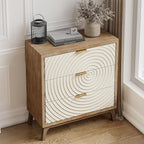 LONYKE Farmhouse 3 Drawer Dresser X 2P, White Nightstand with Handcrafted Wood Ring Motif for Bedroom, Rustic & Natural, Fully Assembled, Boho