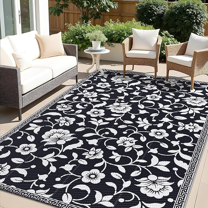 OLANLY Waterproof Outdoor Rug 5x8 ft, Outdoor Plastic Straw Rug with Flower Pattern, Reversible RV Mat for Patio, Camping, Balcony, Deck, Backyard, Black & White