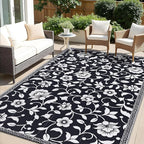 OLANLY Waterproof Outdoor Rug 5x8 ft, Outdoor Plastic Straw Rug with Flower Pattern, Reversible RV Mat for Patio, Camping, Balcony, Deck, Backyard, Black & White